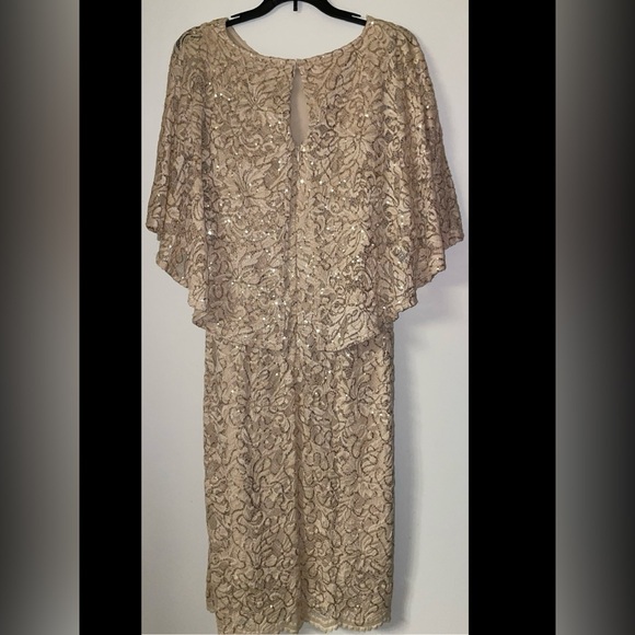 NWT Marina Lace Capelet Dress, Size 10, vanilla w/gold sequins - Picture 2 of 11